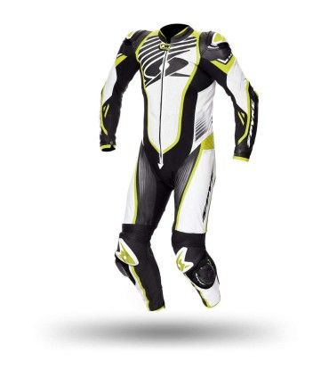 Combinaison moto en cuir Kanguro Spyke Aragon race blanc jaune