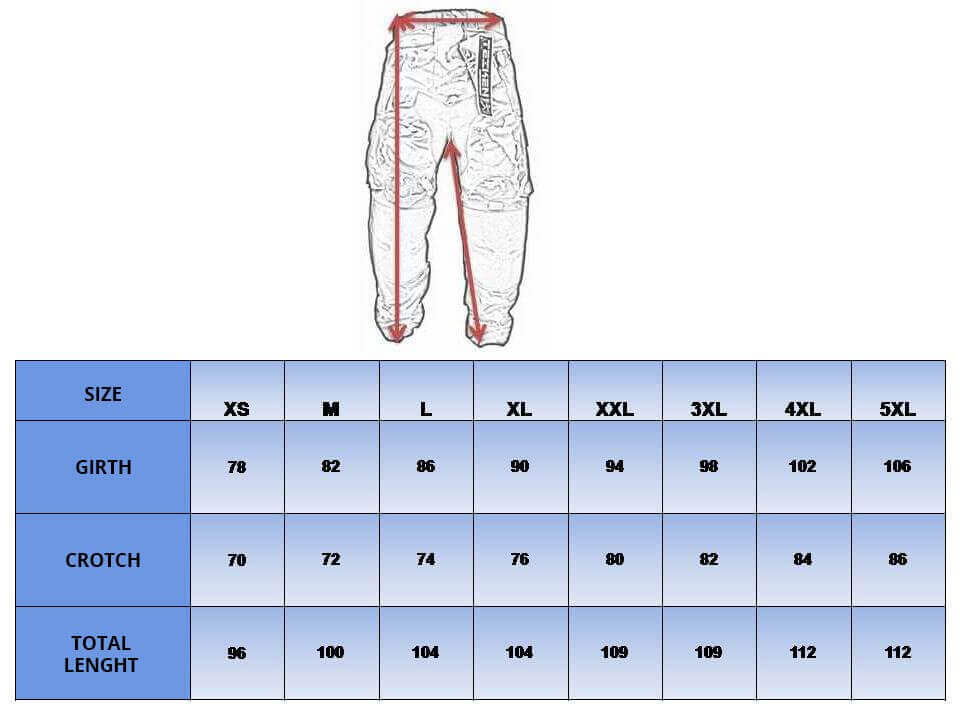 Table with sizes for motorbike pants.